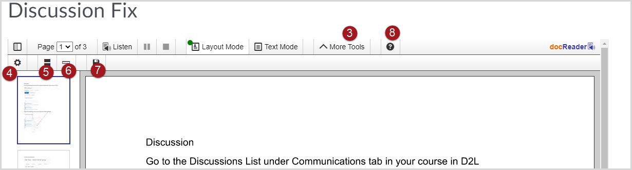 Labeled screenshot of a document titled "Discussion Fix" viewed in docReader, with 3. a dropdown menu for "More Tools", 4. a gear icon to open a Settings window, 5. an icon of two black horizontal bars representing the Page Mask feature, 6. a white horizontal bar representing the Reading Ruler feature, 7. a floppy disk option representing the Save button, and 8. a question mark icon as a Help button.