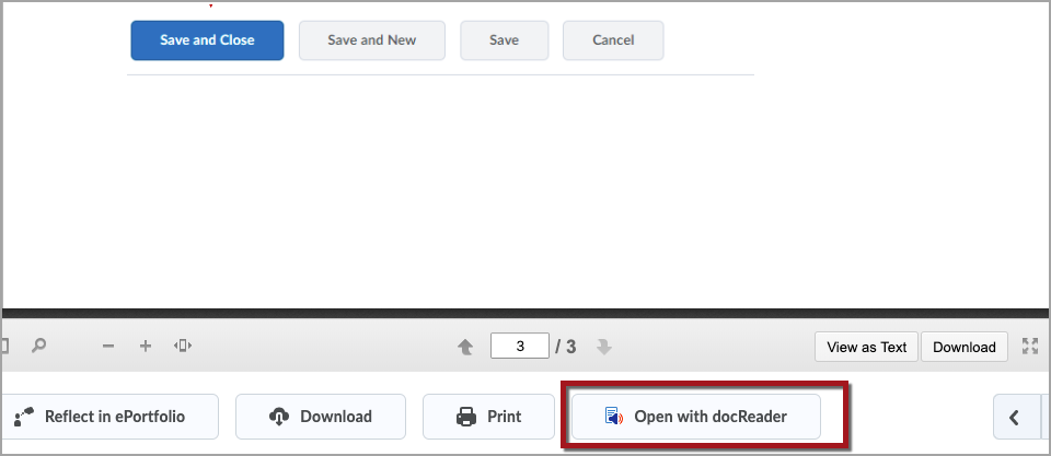 The bottom of PDF document uploaded into D2L Brightspace, showing buttons for "Reflect in ePortfolio", "Download", "Print", and "Open with docReader" beneath the document. There is a red box around the "Open with docReader" button.