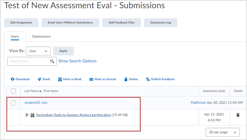 Submissions page for an Assignment submission folder, showing a red box around a submission titled "Technology Tools to Support Active Learning.docx" by "test student03"
