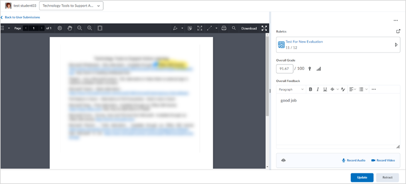 Grading interface for a submitted assignment in D2L Brightspace. The left side of the page shows the document, blurred in this image. The right side shows a panel with options to fill out a rubric, enter an Overall Grade, and provide Overall Feedback. There are buttons for "Update" and "Retract" in the bottom right corner