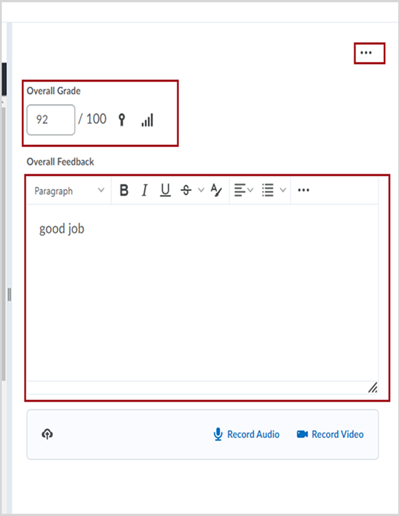 Right-side panel for a submitted assignment in D2L Brightspace, showing red boxes around options to select an ellipses, enter an "Overall Grade", and enter "Overall Feedback" 