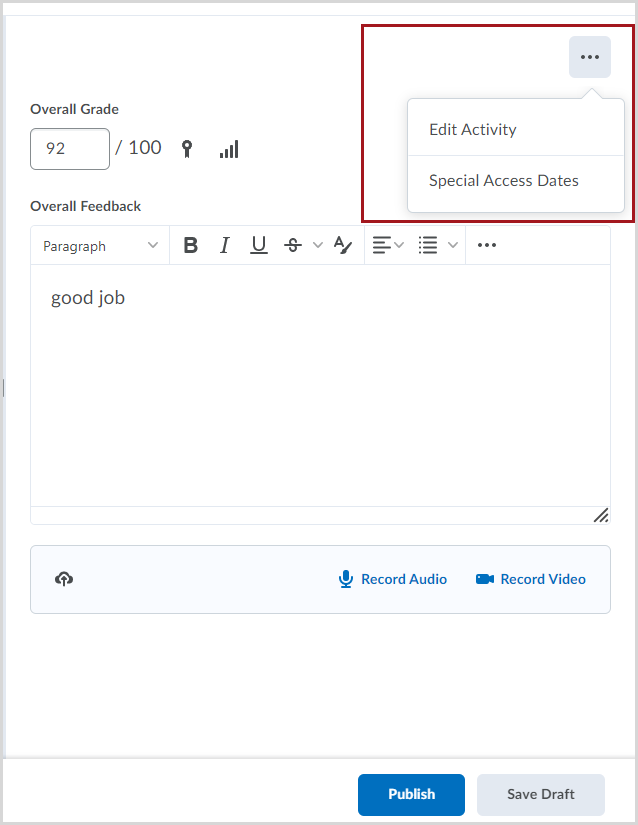 Right-side panel for a submitted assignment in D2L Brightspace, showing a red box around the expanded ellipses dropdown menu, which displays the options of "Edit Activity" and "Special Access Dates"