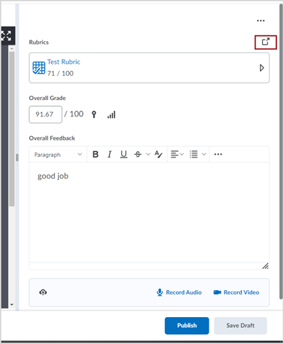 Right-side panel for a submitted assignment in D2L Brightspace, showing a red box around an icon that will open the rubric interface in a new window. The icon is a square box with an arrow pointing up and to the right.