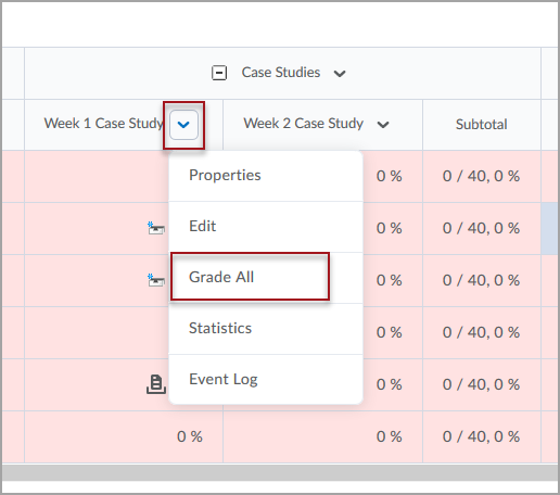 The Enter Grades screen with the dropdown menu of a grade item called "Week 1 Case Study" expanded out. There is a red box around the "Grade All" option in the dropdown menu