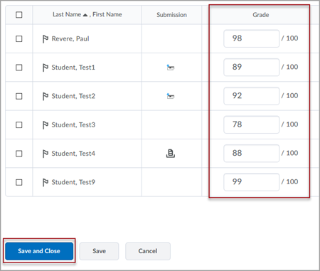 A Gradebook table displaying student names and entry fields for scores out of 100. There is a red box around the "Save and Close" button at the bottom of the page.