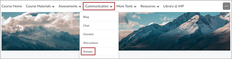 D2L Brightspace navbar with the Communications dropdown menu expanded out. There is a red box around the "Groups" option in the dropdown menu