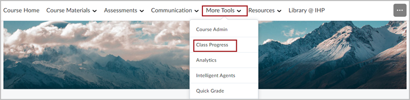 D2L Brightspace Navbar with the "More Tools" dropdown menu expanded out. There is a red box around the "Class Progress" option in the dropdown menu