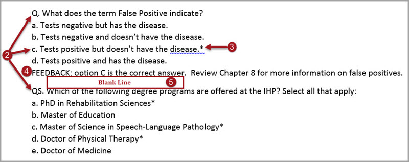 A multiple choice question and a multi-select question formatted for import into D2L Brightspace