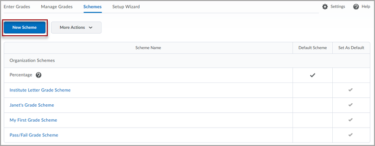 The Grades tool on the Schemes tab, showing a list of Organization schemes. Towards the top of the page, there is a red box around a button labeled "New Scheme"