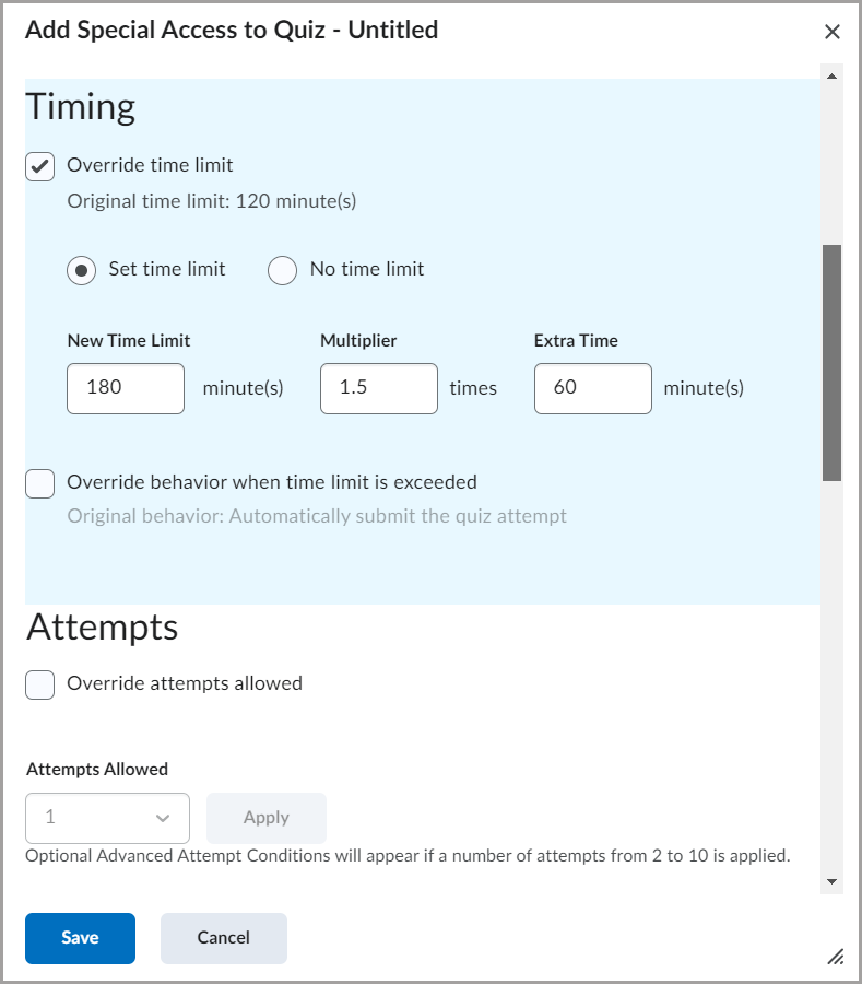 The Add Special Access to Quiz screen with the Timing and number of Attempts options visible