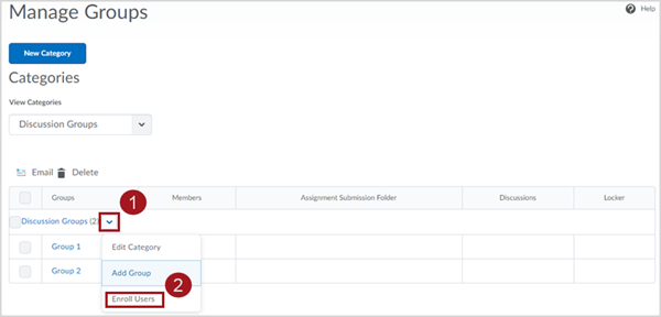 Labeled screenshot of the Manage Groups page, showing a group category titled "Discussion Groups" with two groups: "Group 1" and "Group 2". There are red boxes around 1. the caret associated with the "Discussion Groups" category and 2. the "Enroll Users" option in the associated dropdown menu.