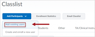 Top of the Classlist page displaying three buttons from left to right: "Add Participants", "Enrollment Statistics" and "Email Classlist". The "Add Participants" button has been selected and there is a red box around the "Add existing users" option in the associated dropdown menu