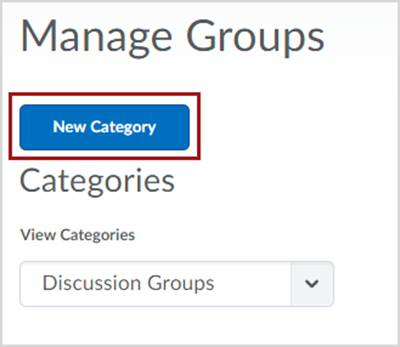 Manage Groups page of the Groups tool, with a red box around the button labeled "New Category" towards the top of the page.