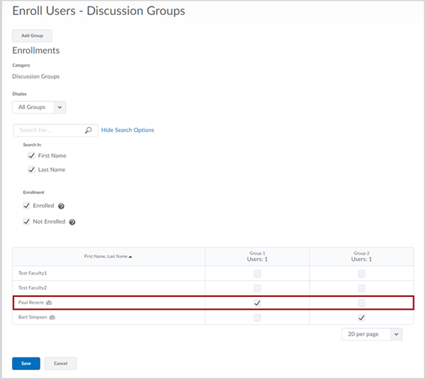 Enroll Users page showing the list of users in the course in a matrix with groups "Group 1" and "Group 2". There is red box around student "Paul Revere" who has been assigned to Group 1 and student "Bart Simpson" who has been assigned to Group 2.