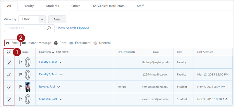 Labeled screenshot of the Classlist tool showing a list of sample users, along with red boxes around 1. a select-all checkbox and 2. an "Email" button above the list of users.
