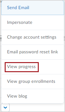 A dropdown menu for a single student in the Classlist tool. The menu is expanded out and there is a red box around the "View progress" option in the menu.