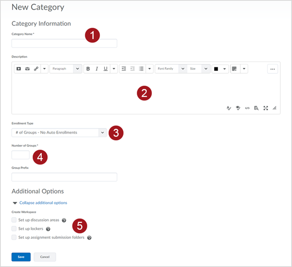 Labeled screenshot of the New Category creation page in the Groups tool, showing fields for 1. Category Name, 2. Description, 3. Enrollment Type dropdown menu, 4. Number of Groups, and 5. Additional Options as checkboxes for "Set up discussion areas", "Set up lockers", and "Set up assignment submission folders"
