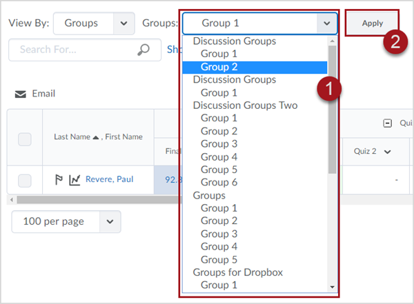 Labeled screenshot of the Enter Grades screen with the "View By" dropdown menu set to "Groups". To the right of that is 1. a "Groups" dropdown menu showing a list of groups in different categories such as "Discussion Groups". To the right of the Groups menu is 2. a button labeled "Apply"
