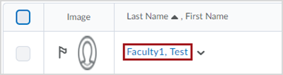 A user named "Test Faculty1" in the Classlist tool, with a red box around their hyperlinked name.
