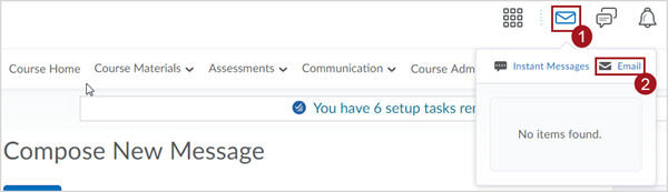 Labeled screenshot of D2L Brightspace minibar, with red boxes around 1. the envelope icon representing email and 2. the "Email" link in an expanded email menu.