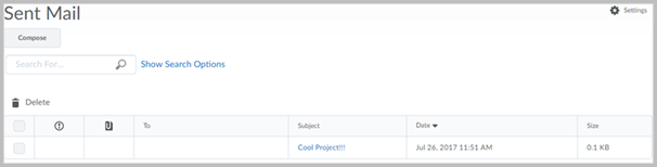Page titled "Sent Mail" showing a single previously sent email message with the subject line "Cool Project!!!"