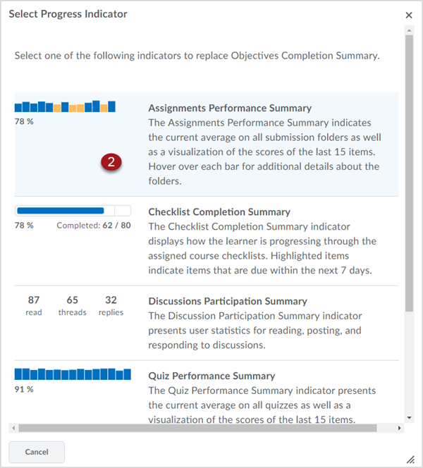 Pop-up window titled "Select Progress Indicator". There is a marker noting the selection of a new indicator labeled "Assignments Performance Summary"