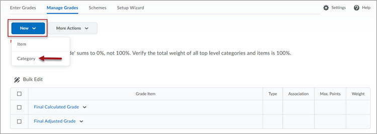 Manage Grades tab of the Grades tool, showing a red box around the "New" button in the top-left corner of the page. The dropdown menu associated with the button is expanded and there is a red arrow pointing to the "Category" option in the menu.