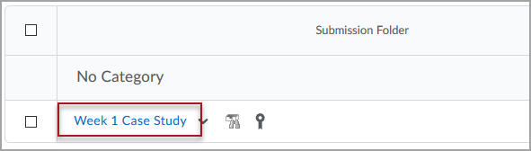 The Assignments tool list of Submission Folders, with a red box around an assignment link titled "Week 1 Case Study"