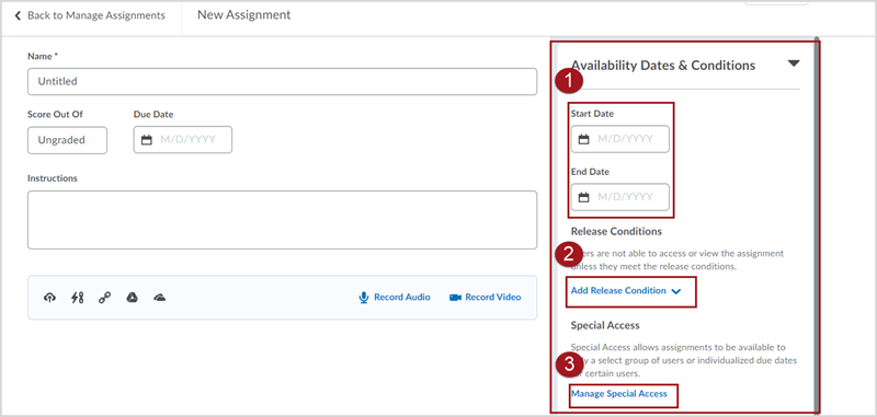 Labeled screenshot of the "Availability Dates & Conditions" panel showing 1. date fields for the Start Date and End Date, 2. a dropdown link labeled "Add Release Condition", and 3. a link labeled "Manage Special Access".