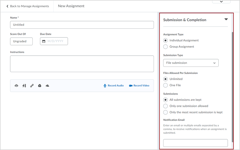 The "Submission & Completion" panel, which has options for Assignment Type--individual or group--, Submission Type, Files Allowed Per Submission, submission retention, and notification emails when an assignment is submitted.