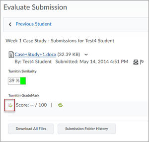 Evaluate Submission screen showing a student's submission file with Turnitin Similarity percentage and unscored Turnitin Grademark. There is a red box around a paper and checkmark icon to highlight where to access Turnitin Grademark.