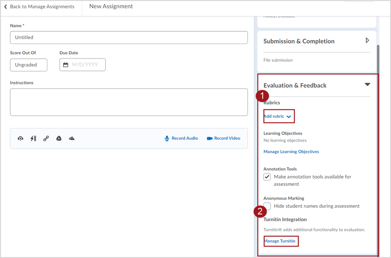 Labeled screenshot of the "Evaluation & Feedback" panel showing 1. a dropdown link labeled "Add rubric" and 2. a link labeled "Manage Turnitin." 