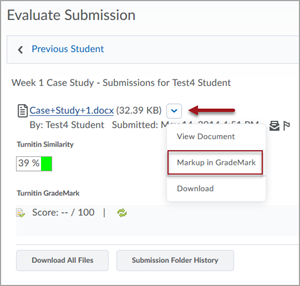 Evaluate Submission screen showing a student's submission file with Turnitin Similarity percentage and unscored Turnitin Grademark. The dropdown menu associated with the submission file is expanded out and there is a red box around the "Markup in GradeMark" option in the dropdown menu.
