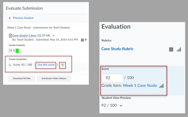 Two pages of D2L Brightspace combined into one screenshot. The left page of the screenshot shows the Evaluate submission page highlighting the Turnitin Grademark section, with red boxes around the "Use this score" link and the refresh icon of circular arrows pointing at each other. The right page of the screenshot shows the Evaluation window for the assignment, with a red box around the 92 in the Score box.