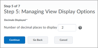 Step 5 of the Grade Setup Wizard interface showing the option of "Number of decimal places to display", which is set to 2.