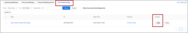 The Zoom interface embedded into D2L Brightspace, set to the "Cloud Recordings" tab and showing a recording titled "Test Faculty Publish Recording". There is red box around the disabled "Publish" toggle associated with the recording.