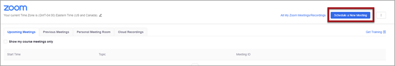 The Zoom interface embedded into D2L Brightspace, set to the "Upcoming Meetings" tab. There is a red box around the "Schedule a New Meeting" button in the top-right corner of the page.