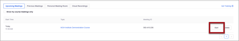 The Zoom interface embedded into D2L Brightspace, set to the "Upcoming Meetings" tab and showing a newly created meeting called "Demonstration Course". There is red box around the "Start" button associated with the meeting.
