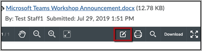 An assignment submission on D2L Brightspace, with a red box around a paper and pencil icon representing the Annotations tool