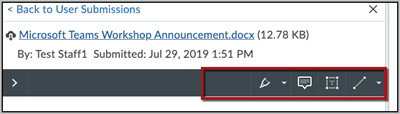 An assignment submission on D2L Brightspace with a red box around the annotation toolbar options