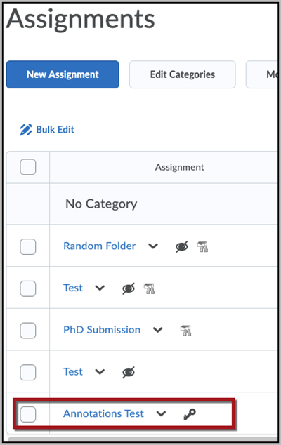 A list of assignments in the Assignments tool, with a red box around a specific assignment called "Annotations Test"