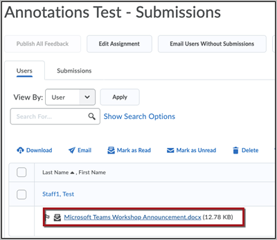 The Submissions page for an Assignment, with a red box around one submission