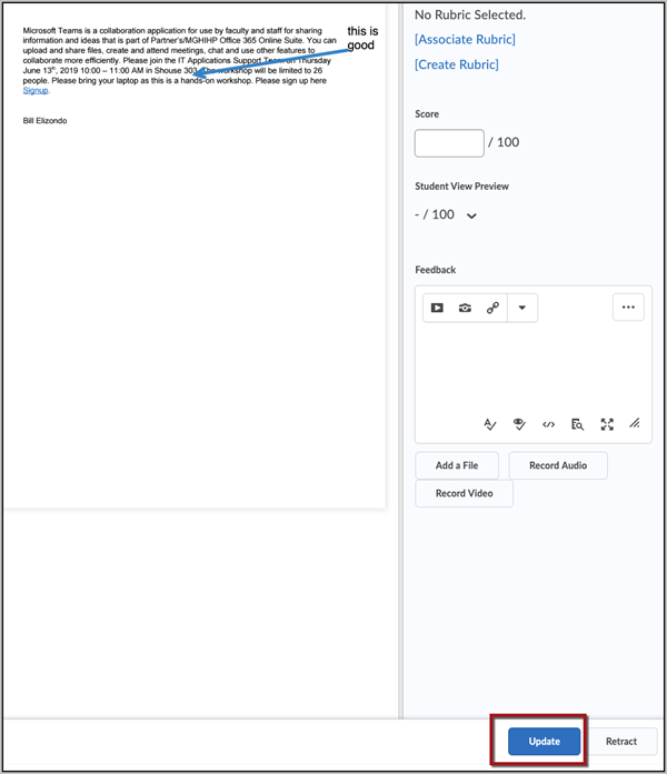 Assignment grading interface with example annotations on the submission and red box around the "Update" confirmation button