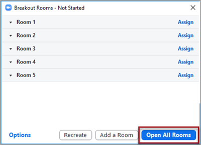 Breakout Rooms window showing five rooms created and the option "Assign" associated with each room. There are buttons at the bottom for "Options", "Recreate", "Add a Room", and "Open All Rooms"--the last of which has a red box around it.