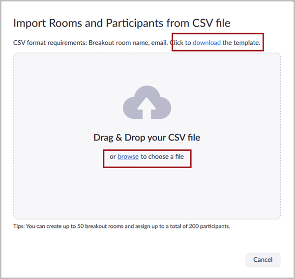 Pop-up window titled "Import Rooms and Participants from CSV file". There are red boxes around the links for downloading the CSV template and for browsing to choose a file to upload.