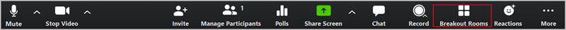 Bottom toolbar menu in Zoom, with a red box around the "Breakout Rooms" option on the right side of the toolbar.