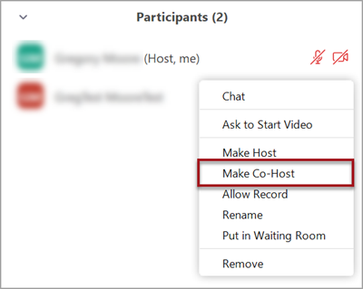 Participants window in Zoom with a dropdown menu associated with a participant expanded out. There is a red box around the "Make Co-Host" option in the menu.