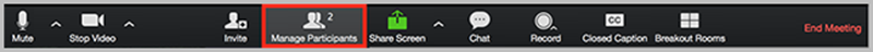 The bottom toolbar in Zoom, with a red box around the "Manage Participants" tool