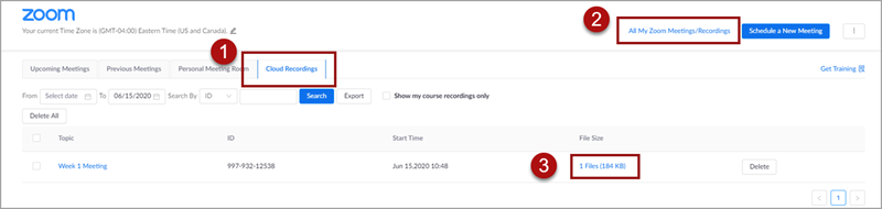 Labeled image of the Zoom app in D2L Brightspace, showing 1. the Cloud Recordings tab, 2. a link to "All My Zoom Meetings/Recordings" in the top-right corner, and 3. a link to one file associated with a cloud recording called "Week 1 Meeting"