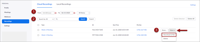 Labeled screenshot of the Cloud Recordings page on the Zoom website, with 1. a series of fields to enter a date and time range, 2. the ability to search by meeting ID and Keyword, and 3. a "More" dropdown menu expanded with a red box around an option called "Download (1 file)"
